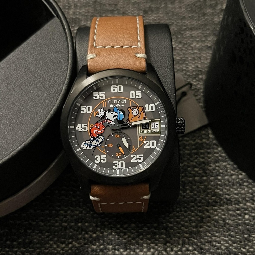 Citizen Eco-Drive Mickey Sport Watch Mens 44mm Gray Dial Brown Leather New Box